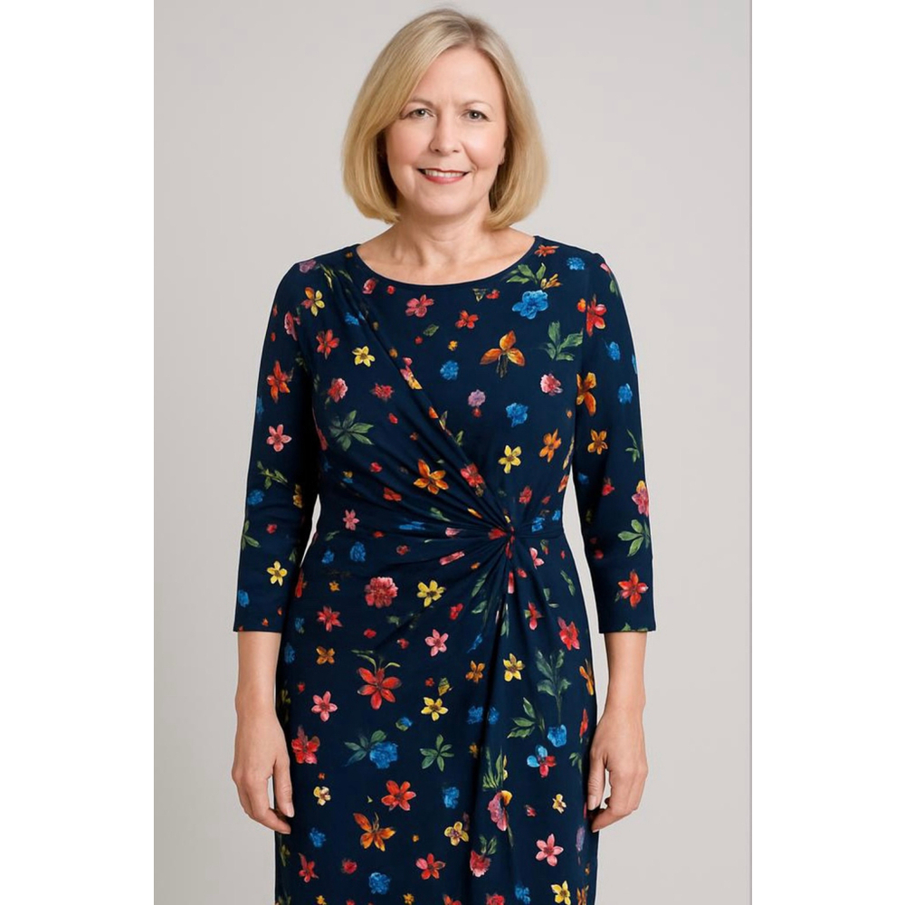 T Tahari Women's Floral Print Wrap Style Dress Sz 10 Navy Round Neck Classy Chic